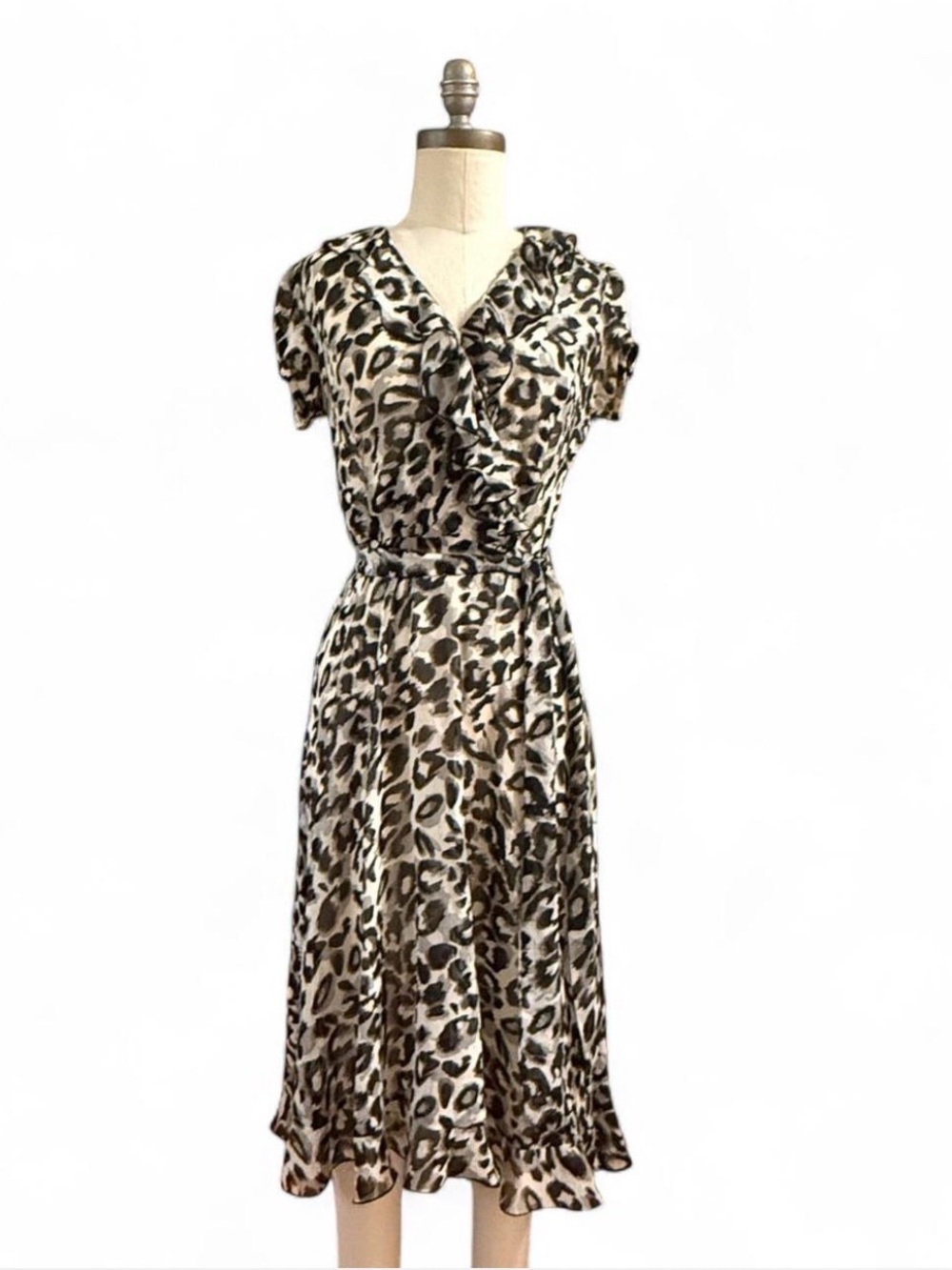 Sheer Leopard Print Ruffle midi Wrap Dress overlay flutter sleeves v neck